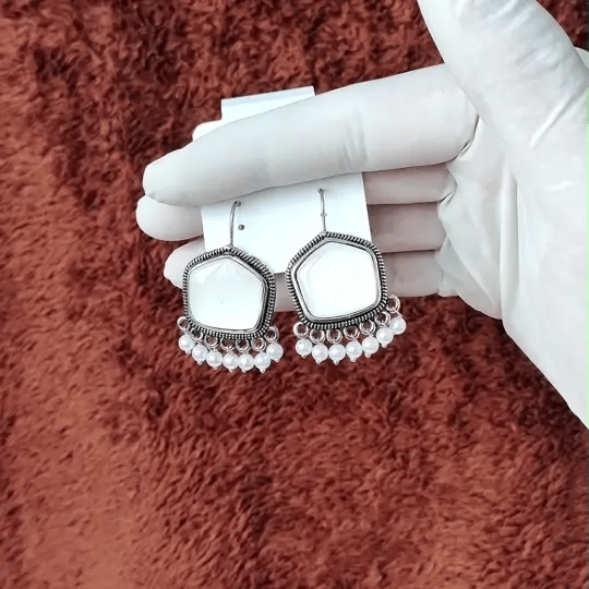 Antique Silver-Plated White Stone Dangle Earrings with Pearl Beads – Lightweight Ethnic Jewellery