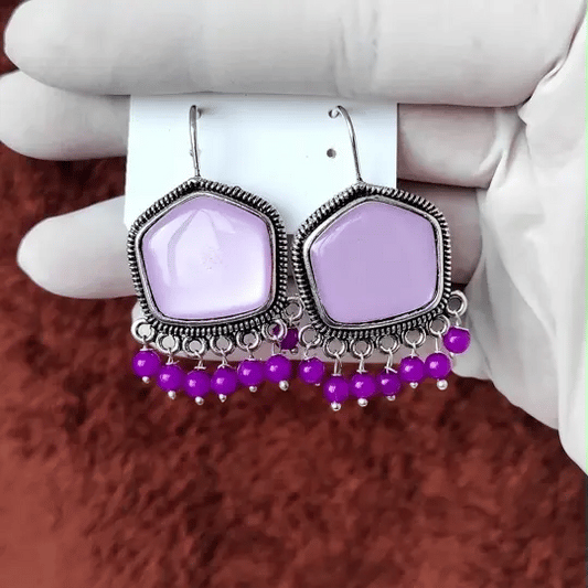 Lavender Beaded Oxidized Dangler Earrings – Boho Ethnic Statement Jewelry