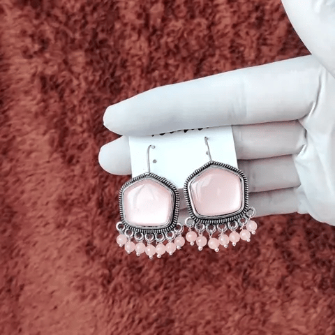 Pentagon Shape Beige Stone Earrings with Beaded Danglers – Oxidized Finish