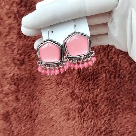 Elegant Coral Pink Dangle Earrings with Silver Finish – Bohemian Ethnic Style