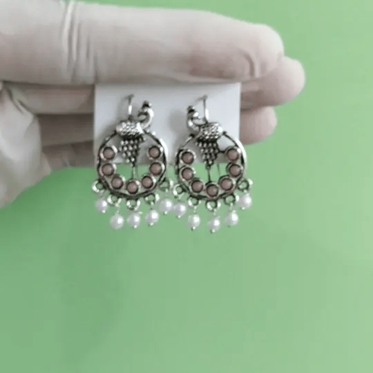 Antique Silver-Tone Peacock Design Earrings with White Beads