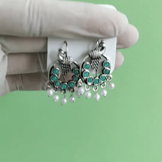 Antique Silver Peacock Earrings with Turquoise Beads & Pearl Drops – Ethnic Boho Jewelry