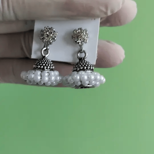 Antique Silver Floral Stud Pearl Cluster Jhumka Earrings for Women