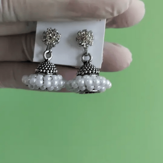 Antique Silver Floral Stud Pearl Cluster Jhumka Earrings for Women