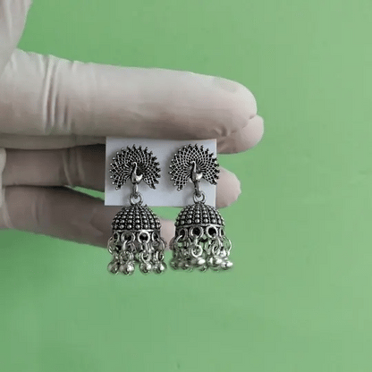 Oxidized Peacock Design Silver-Tone Jhumka Earrings with Hanging Beads
