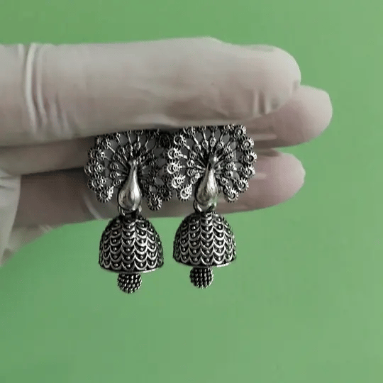 Peacock Design Oxidized Silver-Tone Jhumka Earrings – Traditional Indian Ethnic Jewellery