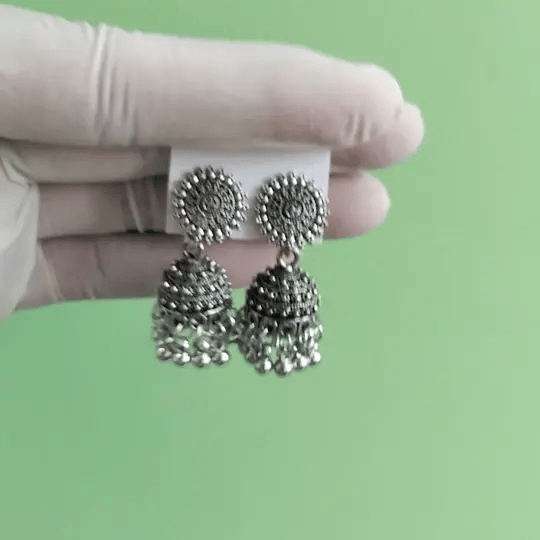 Antique Silver-Tone Oxidized Jhumka Earrings with Intricate Circular Stud Design
