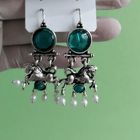 Turquoise Blue Horse Design Dangle Earrings with Pearl Beads – Boho Chic Jewelry