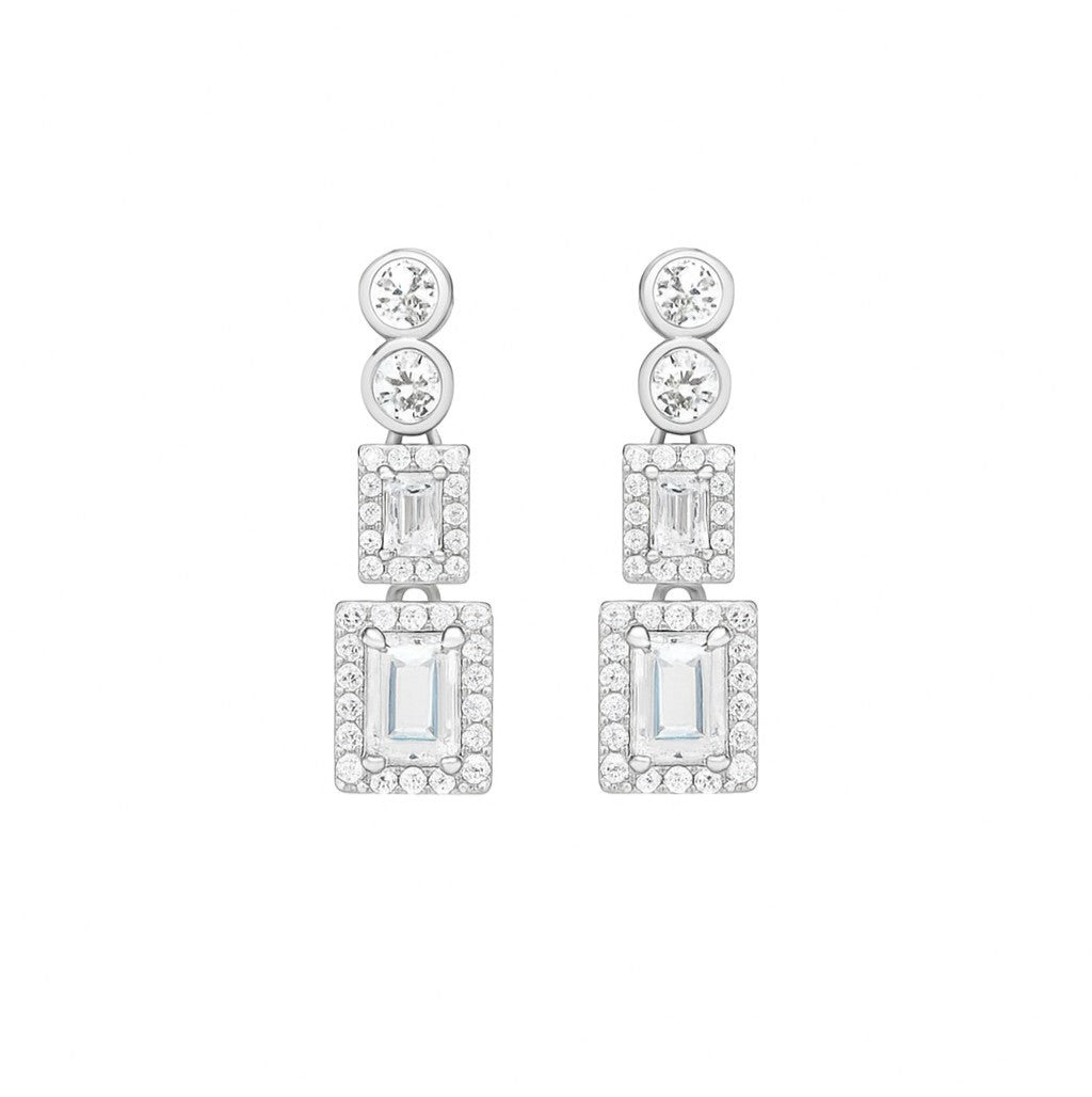 Pair of elegant silver-tone rectangular crystal drop earrings on white background
