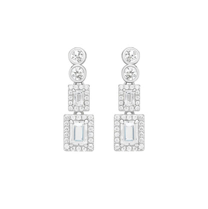 Pair of elegant silver-tone rectangular crystal drop earrings on white background