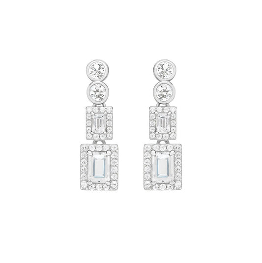 Pair of elegant silver-tone rectangular crystal drop earrings on white background