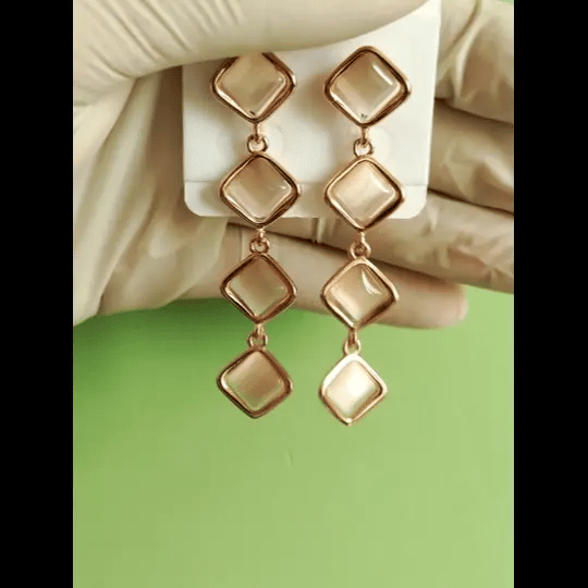 Elegant Gold-Tone Quad Square Drop Earrings | Pearl Finish Statement Jewelry