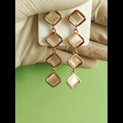 Elegant Gold-Tone Quad Square Drop Earrings | Pearl Finish Statement Jewelry