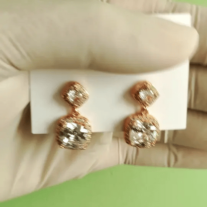 Luxury Gold-Tone Cushion Cut Crystal Drop Earrings | Statement Party & Wedding Jewelry