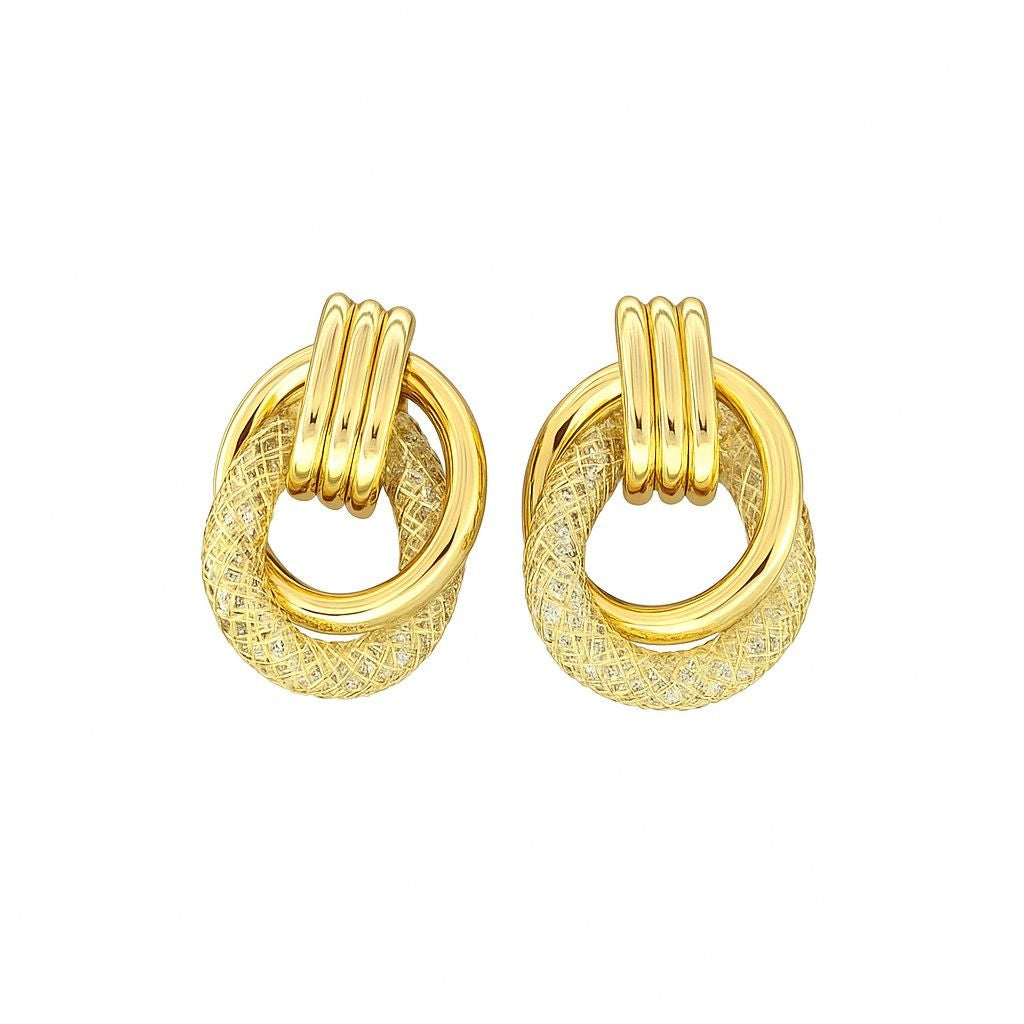Pair of classic gold-tone textured loop stud earrings on white background