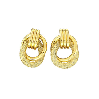 Pair of classic gold-tone textured loop stud earrings on white background