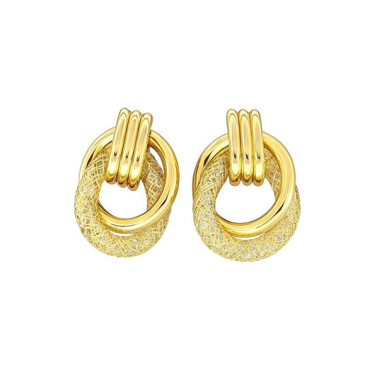 Pair of classic gold-tone textured loop stud earrings on white background