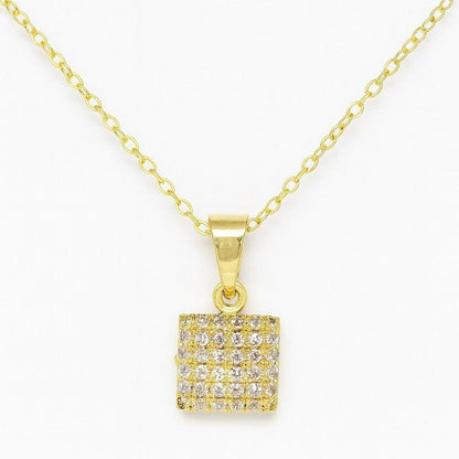 Gold-tone square crystal pendant necklace on white background