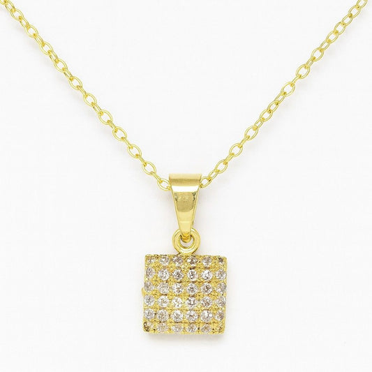 Gold-tone square crystal pendant necklace on white background