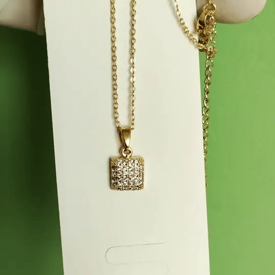Elegant Gold-Tone Square Crystal Pendant Necklace | Minimal Party & Daily Wear Jewelry