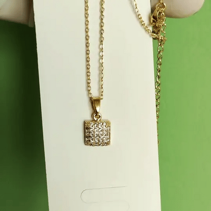 Elegant Gold-Tone Square Crystal Pendant Necklace | Minimal Party & Daily Wear Jewelry