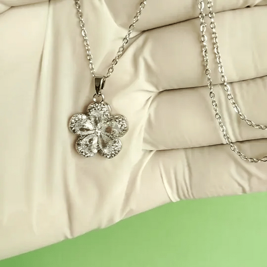 Luxury Silver-Tone Floral Crystal Pendant Necklace | Elegant Daily & Party Wear Jewelry