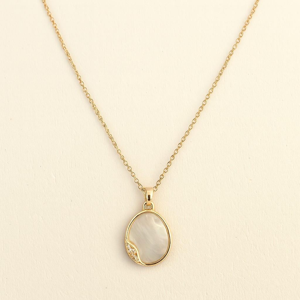 Elegant Gold-Tone Oval Shell Pendant Necklace | Minimal Crystal Accent Jewelry