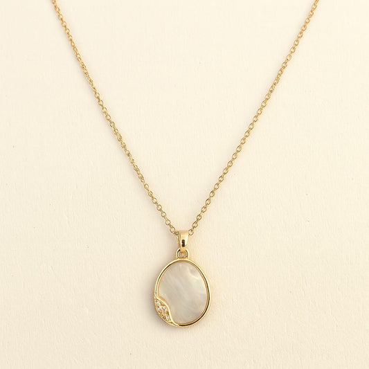 Elegant Gold-Tone Oval Shell Pendant Necklace | Minimal Crystal Accent Jewelry