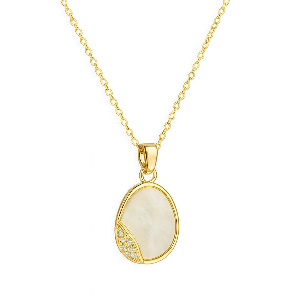 Gold-tone oval shell pendant necklace with crystal detailing