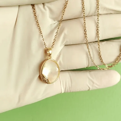 Elegant Gold-Tone Oval Shell Pendant Necklace | Minimal Crystal Accent Jewelry