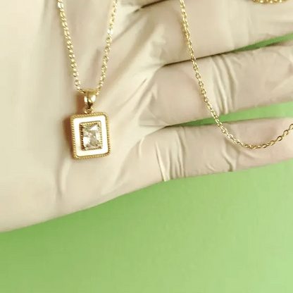Modern Gold-Tone Rectangular Crystal Pendant Necklace | Elegant Minimal Jewelry