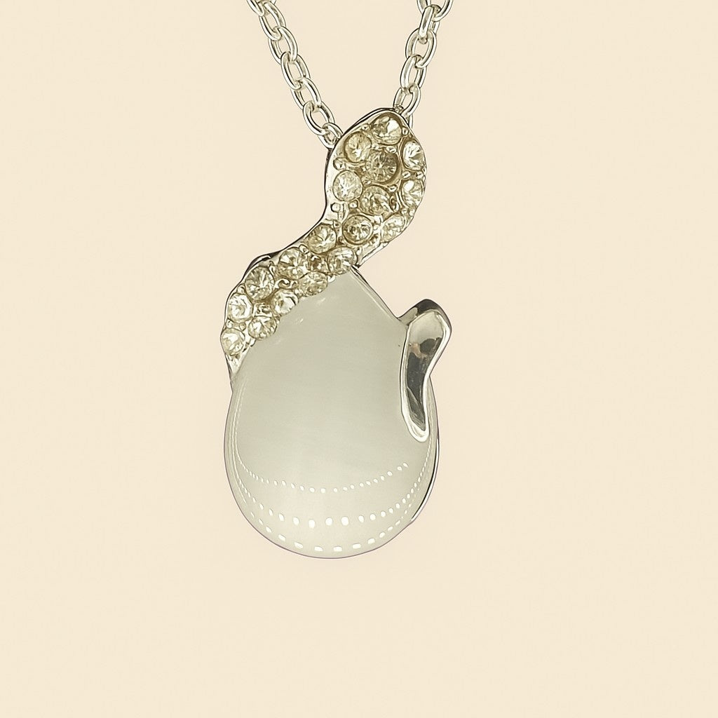 Elegant Silver-Tone Teardrop Stone Pendant Necklace | Crystal Swirl Design