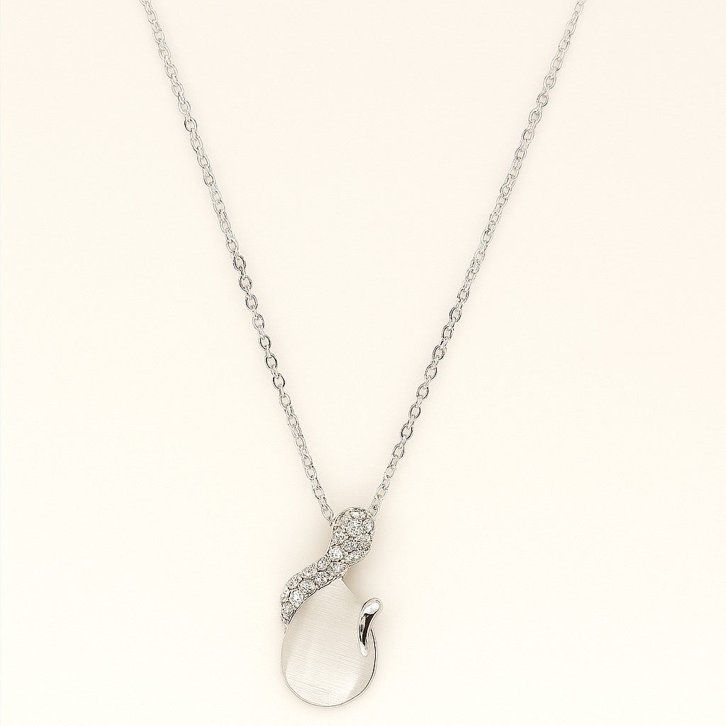 Elegant Silver-Tone Teardrop Stone Pendant Necklace | Crystal Swirl Design