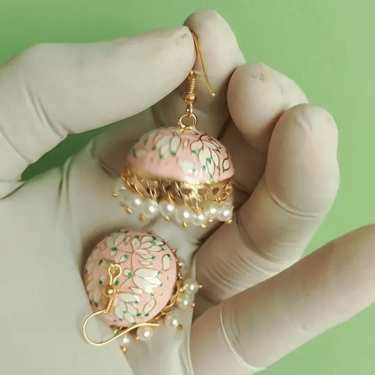 Lotus Meenakari Pearl Jhumka Earrings | Handcrafted Ethnic Dangler Collection