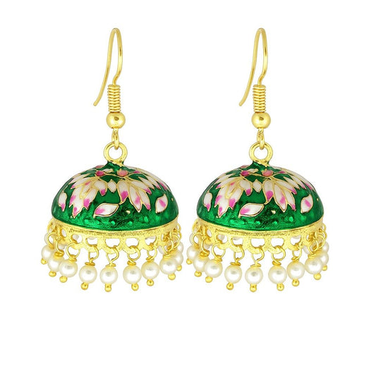 Lotus Meenakari Pearl Jhumka Earrings | Handcrafted Ethnic Dangler Collection
