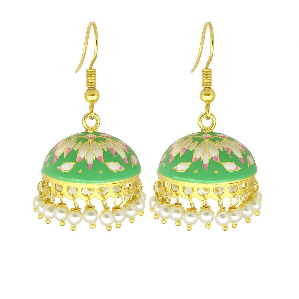 Lotus Meenakari Pearl Jhumka Earrings | Handcrafted Ethnic Dangler Collection