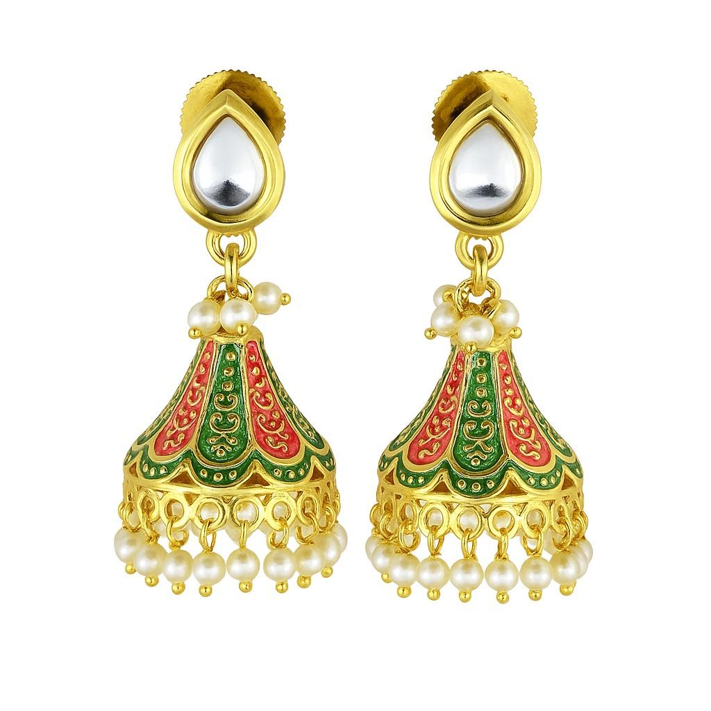 Kundan Teardrop Meenakari Jhumka Earrings | Traditional Pearl Drop Collection