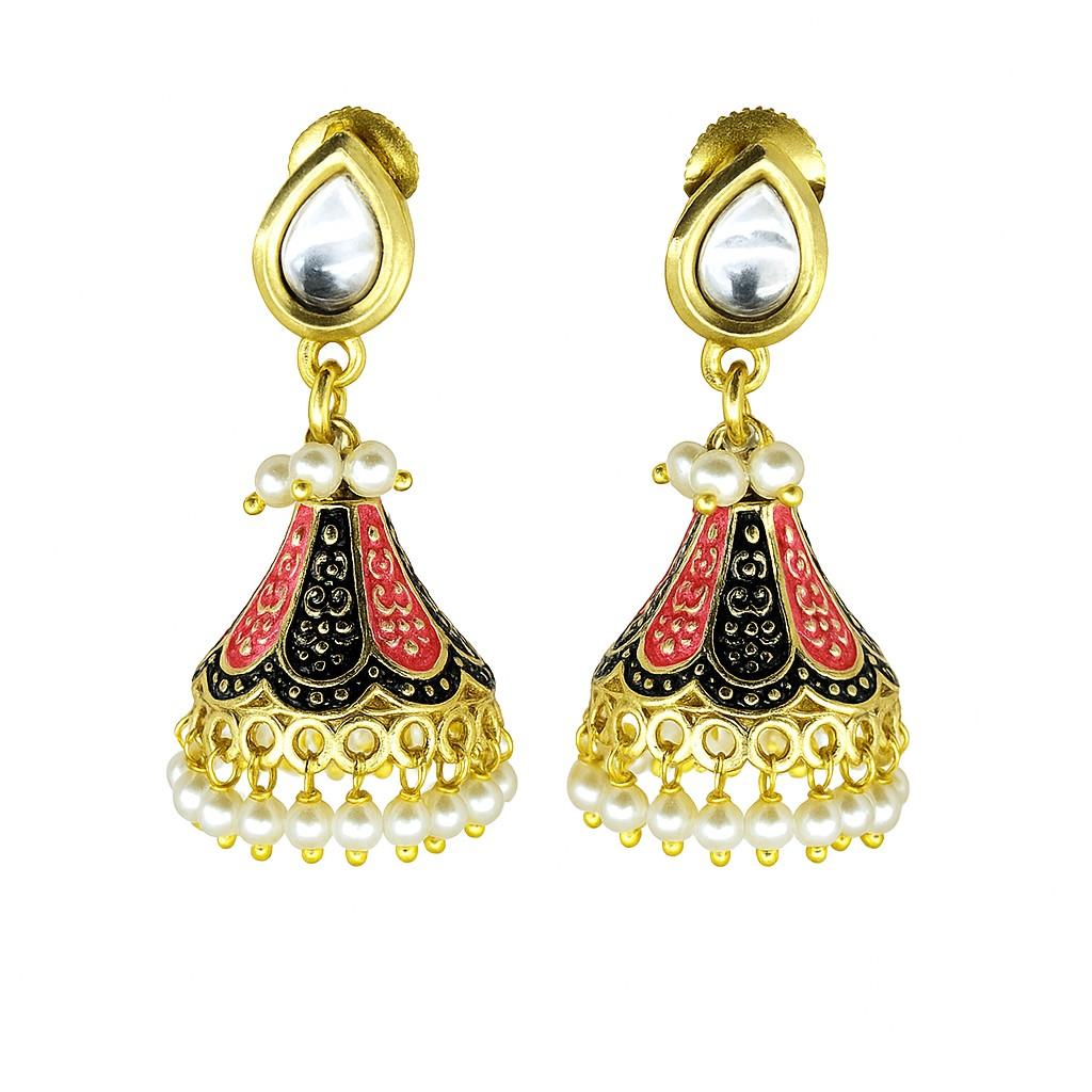 Kundan Teardrop Meenakari Jhumka Earrings | Traditional Pearl Drop Collection