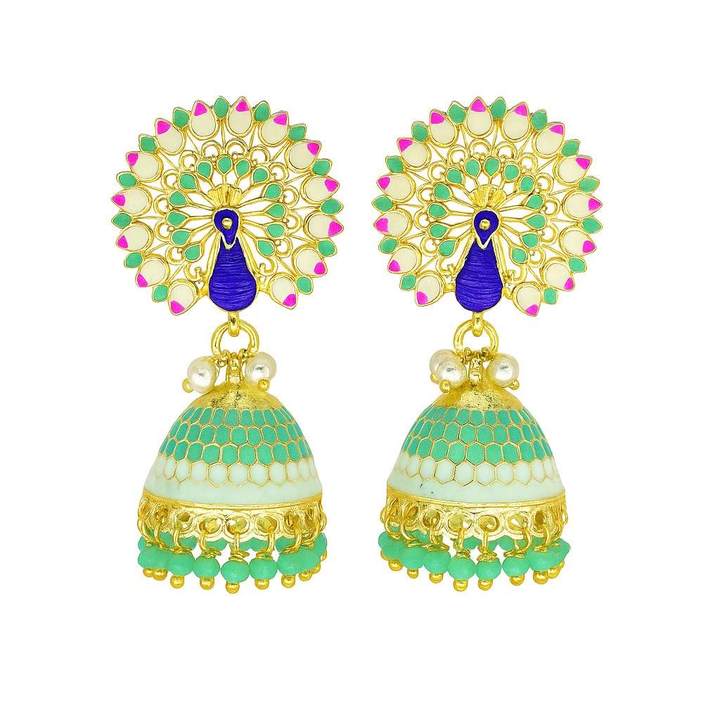 Royal Peacock Meenakari Jhumka Earrings | Handcrafted Ethnic Pearl Drop Collection