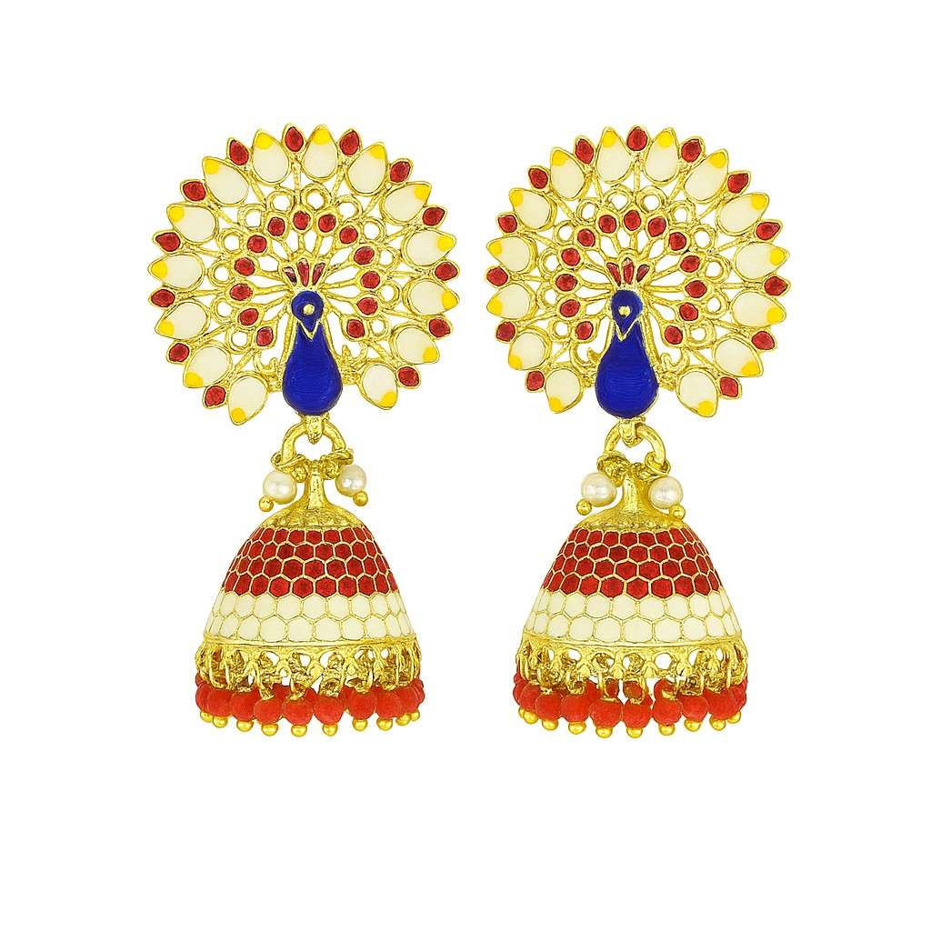 Royal Peacock Meenakari Jhumka Earrings | Handcrafted Ethnic Pearl Drop Collection