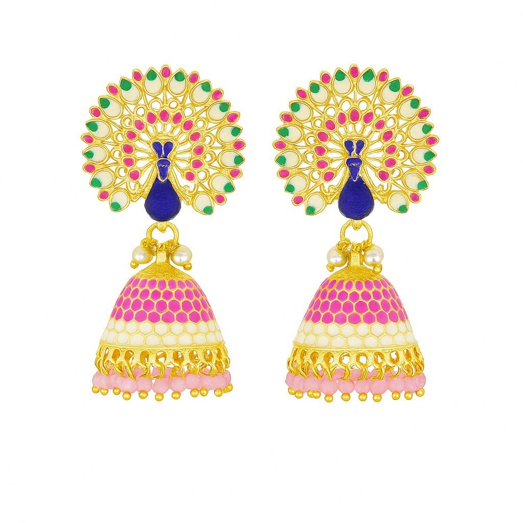 Royal Peacock Meenakari Jhumka Earrings | Handcrafted Ethnic Pearl Drop Collection