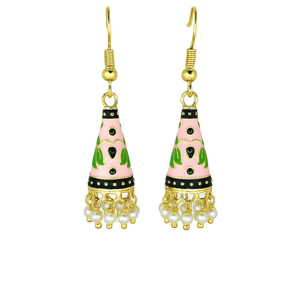 Cone Shaped Meenakari Jhumka Earrings | Handcrafted Ethnic Pearl Drop Collection