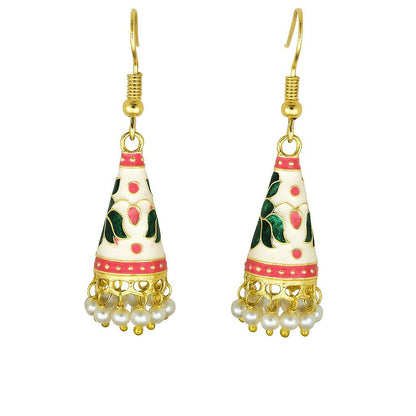 Cone Shaped Meenakari Jhumka Earrings | Handcrafted Ethnic Pearl Drop Collection