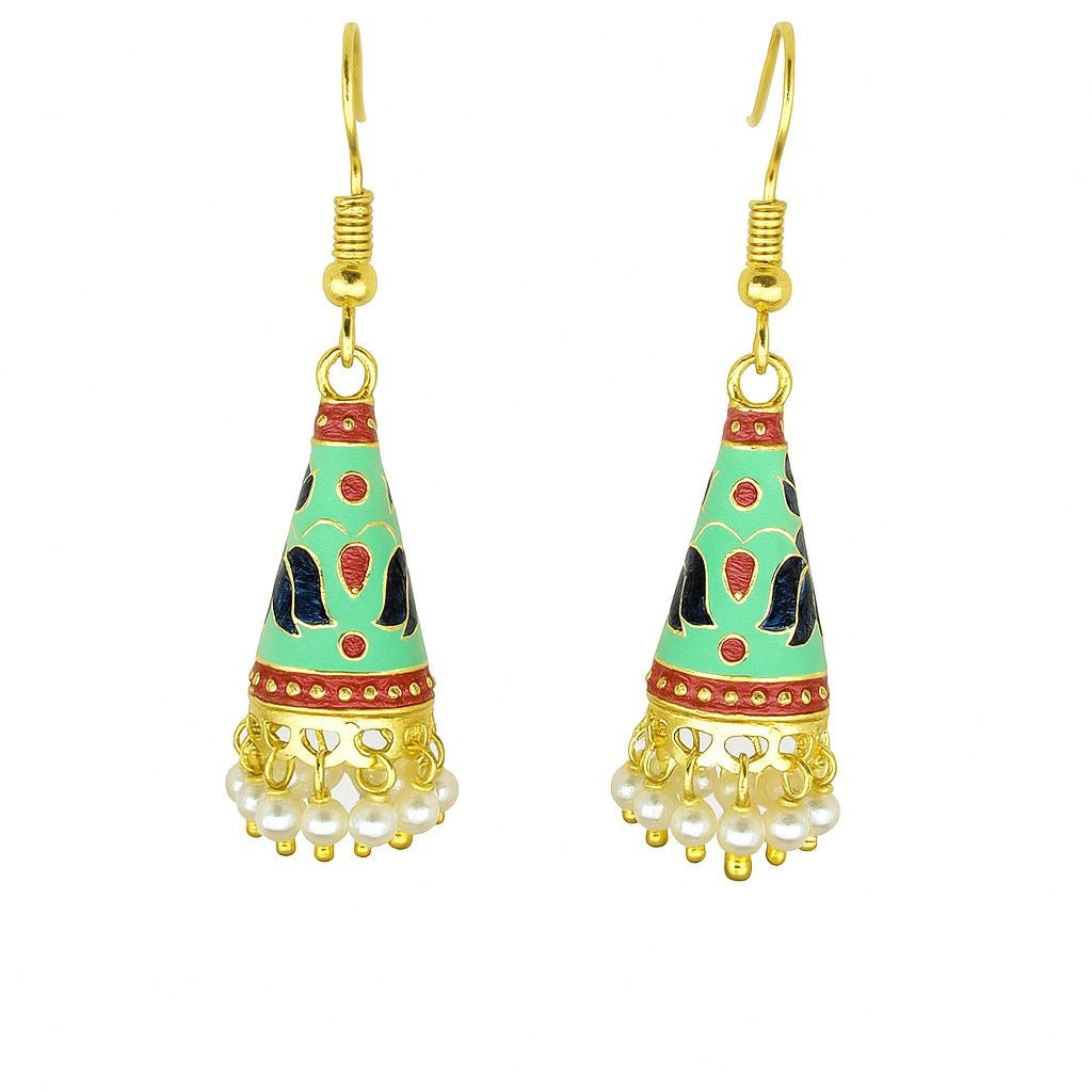 Cone Shaped Meenakari Jhumka Earrings | Handcrafted Ethnic Pearl Drop Collection