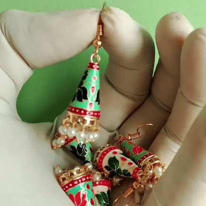 Cone Shaped Meenakari Jhumka Earrings | Handcrafted Ethnic Pearl Drop Collection