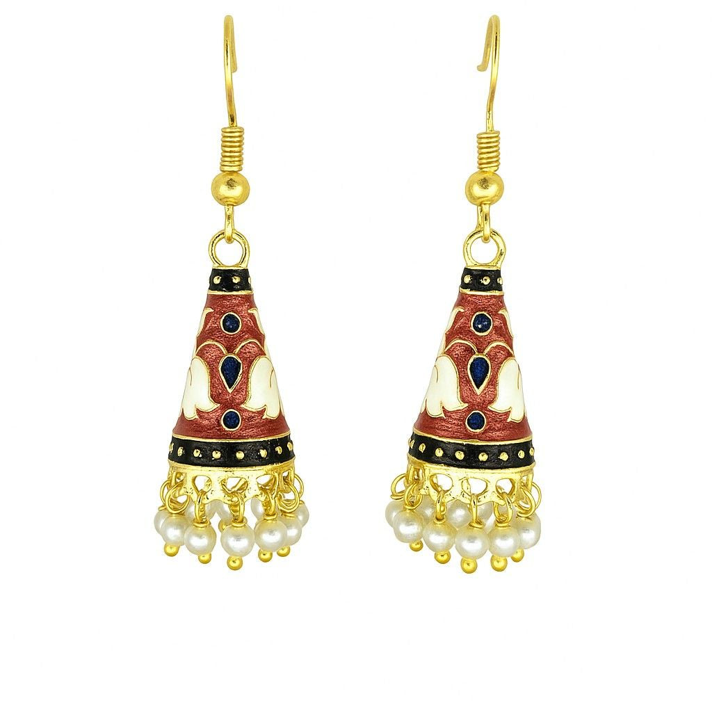 Cone Shaped Meenakari Jhumka Earrings | Handcrafted Ethnic Pearl Drop Collection