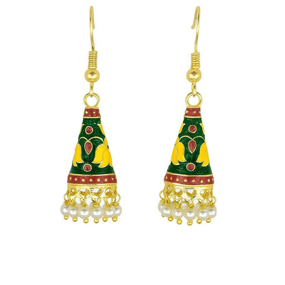 Cone Shaped Meenakari Jhumka Earrings | Handcrafted Ethnic Pearl Drop Collection