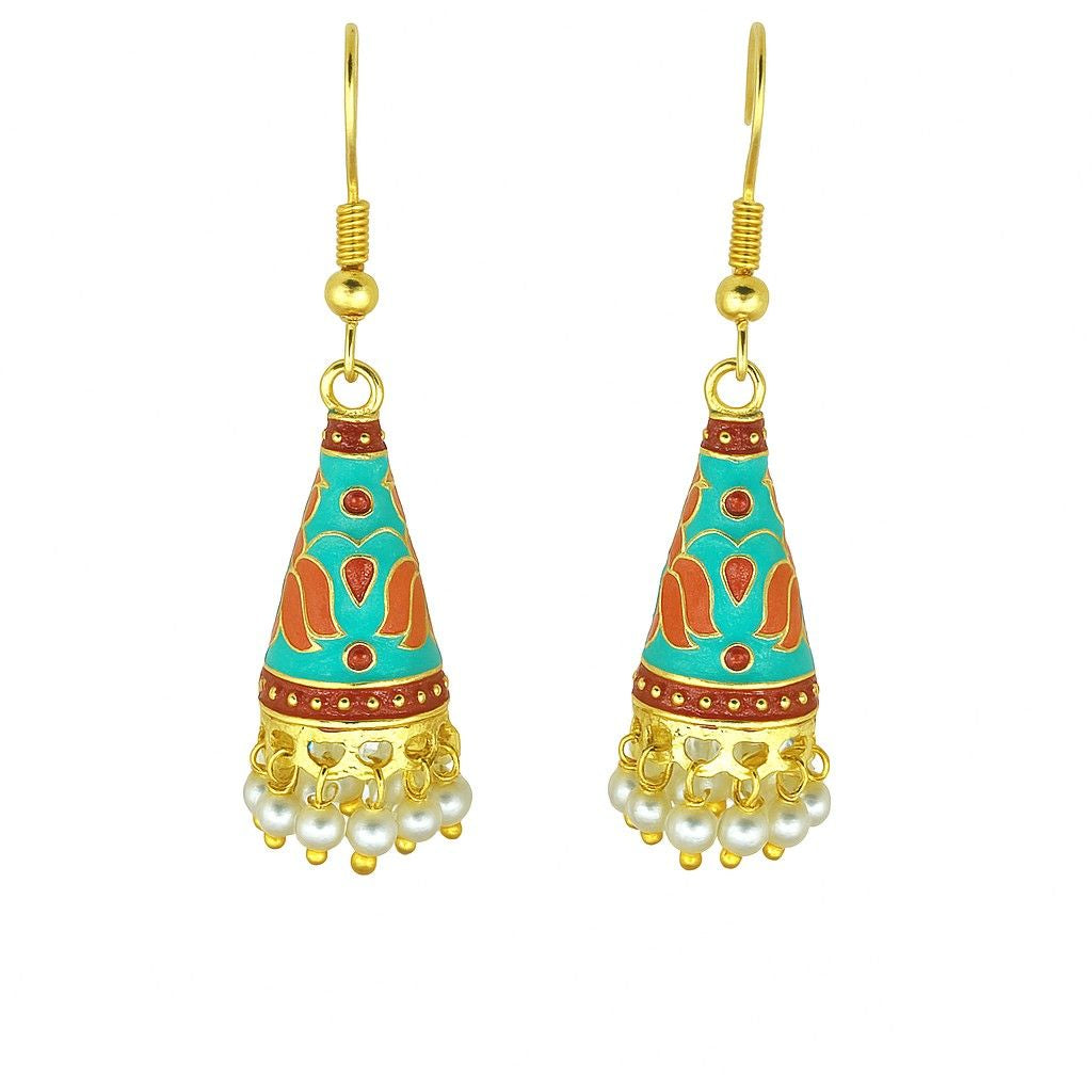 Cone Shaped Meenakari Jhumka Earrings | Handcrafted Ethnic Pearl Drop Collection