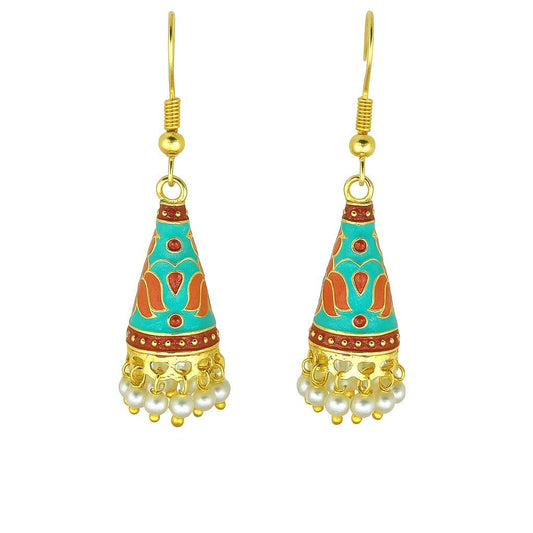 Cone Shaped Meenakari Jhumka Earrings | Handcrafted Ethnic Pearl Drop Collection