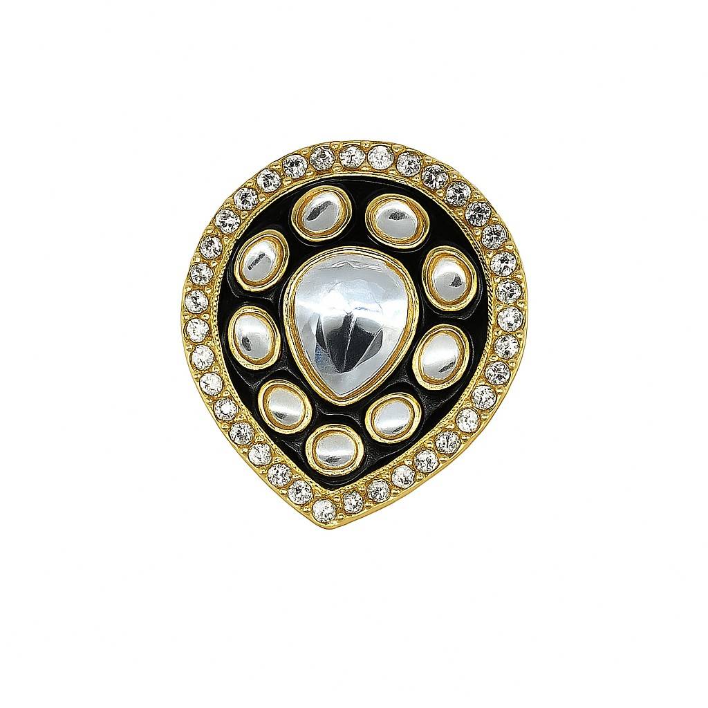 Black and gold kundan teardrop statement ring with crystal border